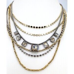 White House Black Market 6 multi strand Necklace Gold Gunmetal Rhinestone 21 in